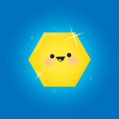 a yellow hexagonal object with stars on it's face and eyes, against a blue background