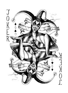 the joker playing card is shown in black and white, with an ink drawing on it