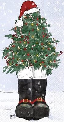 a painting of a christmas tree with boots on it's feet in the snow