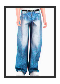 a doll wearing blue jeans and white shoes with his hands in his pockets, facing the camera