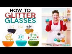 a woman in an apron holding up some glasses with different colored liquids on them