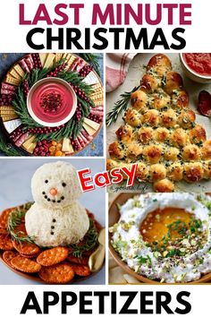 four different christmas appetizers with the words last minute christmas