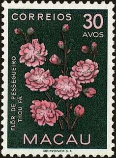 a postage stamp with pink flowers on green paper and the words correos 30 avos