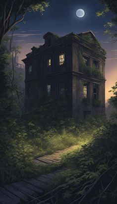 an old house in the woods with stairs leading up to it and a full moon above