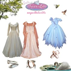 three dresses and shoes are shown in this advertisement for swan lake, an apparel store