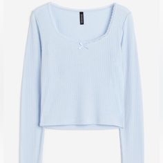 This Is A Cute Closet Staple With A Lace Bow In The Front! Blue Crew Neck Top From H&m, Blue Crew Neck Tops By H&m, H&m Blue Long Sleeve Tops, H&m Light Blue Cotton Top, Cute Blue Shirt, Stitch Costume, Cute Closet, Autumn Clothes, Lace Bows