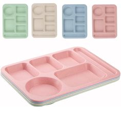 three trays with different compartments for food