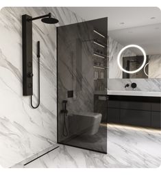 a modern bathroom with marble walls and flooring