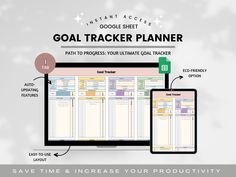 the goal trackerr planner is displayed on a computer monitor and tablet with text that reads,