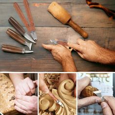 the hands are working on wood carvings and making them look like they have been carved