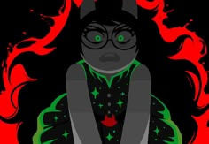 a drawing of a woman with green eyes and black hair, sitting in front of red flames