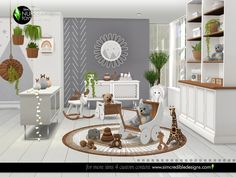 a living room filled with white furniture and lots of animals on the rug in front of it