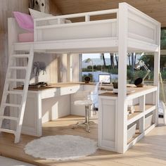 a loft bed with desk and ladders in a room next to a wooden wall