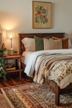 a bed sitting in a bedroom next to a table with a lamp on top of it