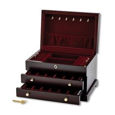 two wooden drawers are open with jewelry in them