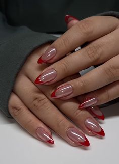 Red Tip Nails, Red Chrome Nails, Chrome French, Kutek Disney, Chrome Nails Designs, Red French, Pink Chrome, Pearl Nails