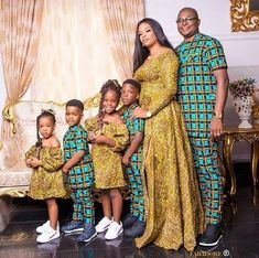 "This is an African Print Family Matching Clothing for photoshoot, wedding and other social event. Features: * Brand New 100% cotton fabric of highest grade/quality. * Carefully lined for perfect fit. * Professionally sewn and finished. This set is for husband, wife and 4 children. If you have a lesser number of family, please let me know so as to reduce the price. The price will increase if the family is more than five. Before ordering, kindly go through the available fabrics and size chart to Fitted Gold Cotton Set, Couples African Outfits, African Wedding Attire, African American Family, Couples Outfit, Afrikaanse Mode, African Children, African Print Dress, Black Families