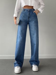 Azul lavado oscuro  Collar  Mezclilla Liso Pierna recta Embellished No-Elástico Baggie Jeans Outfit, New Jeans Trend, Jeans Pants Outfit, Pant Outfits For Women, Baggy Jeans For Women, Wide Leg Jeans Outfit, Wide Leg Pants Outfit, Denim Pants Fashion, Stylish Jeans