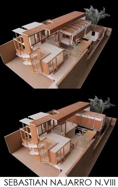 two views of the same house from different angles, each with its own kitchen and dining area