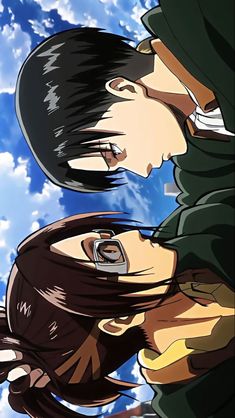 two anime characters looking at each other with clouds in the background and blue sky behind them