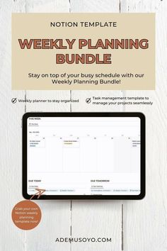 a tablet with the words weekly planning on it and an image of a wooden background