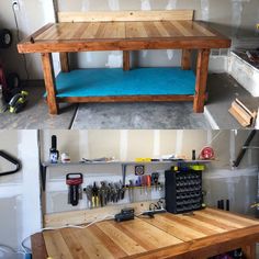 a table and bench made out of pallet wood in a garage with tools on the floor