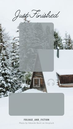 the front cover of just finished, featuring two small cabins in snow covered trees and evergreens