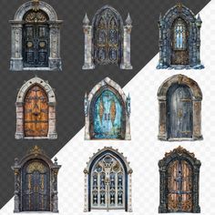 an image of different doors and windows in the style of medieval architecture png, transparent background