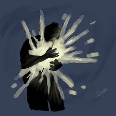 a digital painting of two hands reaching towards each other with white and black streaks coming out of them