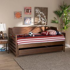 Baxton Studio Jameson Modern and Transitional Walnut Brown Finished Expandable Twin Size to King Size Daybed with Storage Drawer FredCo Boys Daybed, King Size Daybed, Daybed Ideas, Daybed Wood, Frame Highlights, Wood Craftsmanship, Twin Daybed With Trundle, Daybed With Drawers, Wood Daybed