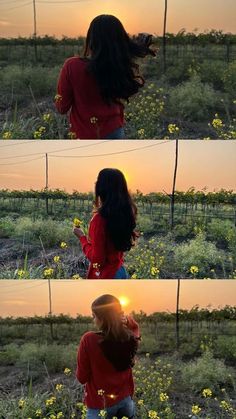 the back of a woman's head standing in a field with yellow flowers at sunset