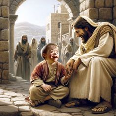 a painting of jesus with a child in front of him