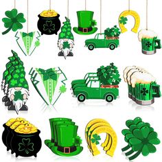 st patrick's day decorations including green car, lepreziun hat and shamrocks