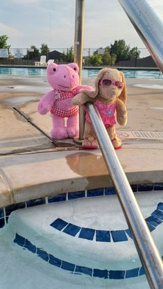 two stuffed animals sitting next to each other near a pool