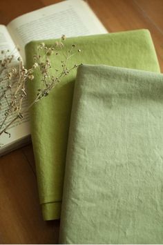 an open book sitting on top of a wooden floor next to two folded sheets and a plant