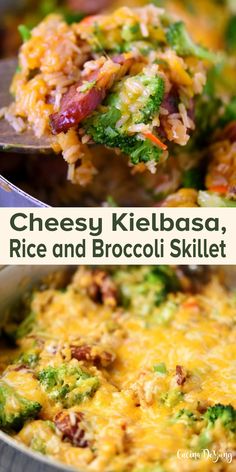 the broccoli rice skillet is loaded with cheesy kiebbasa, rice and broccoli