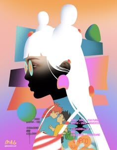 a woman's profile is shown in this colorful poster