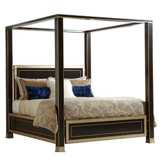 a four poster bed with blue and white pillows on it's sides, against a white background