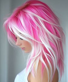 Pink Rainbow Hair, Hot Pink Highlights In Blonde Hair, Hot Pink And Blonde Hair, Crazy Haircolors, Pink And Blue Hair Ideas, Interesting Hair Color, Hair With Platinum Highlights, Blonde Hair With Dark Underneath, Pink Hair Styles