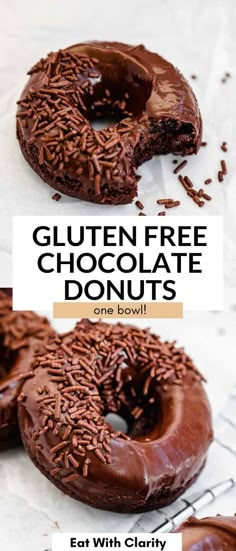 two chocolate donuts with sprinkles on them and the words gluten free chocolate donuts one bowl