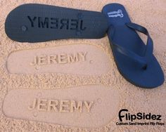 two pairs of flip flops with personalized names on them