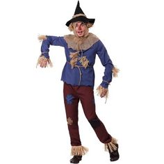 a man dressed as a scarecrow holding a black bird