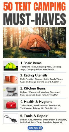 an advertisement for camping equipment with the words, 50 tent camping must - haves