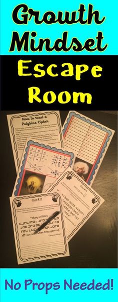 three cards with the words, growth minds escape room and no prop needed on them