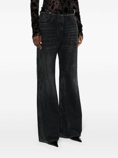 black cotton denim whiskering effect at the thighs belted waist frayed edge front press-stud and zip fastening flared two side inset pockets two rear patch pockets straight hem long length This item is in size 27 and the color is Black Denim Jeans For Women, Low Rise Flare Jeans, Closet Goals, Cotton Jeans, Leather Cap, Denim Cotton, Jeans For Women, Women Denim Jeans, Wide Leg Denim