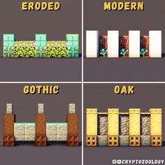 four different types of game screens with the words'eroded, modern, gothic and oak