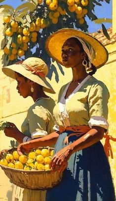 two women in hats holding a basket of lemons under a tree with oranges on it