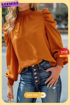 Fashion Elegant Solid Fold Strap Design Half A Turtleneck Tops Statement Sleeves Blouse, Puff Sleeves Blouse, Statement Sleeves, Mini Robes, Puff Sleeve Blouse, Turtle Neck Top, Long Sleeve Casual, High Collar, Elegant Fashion