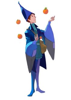 a cartoon character is juggling oranges in the air while wearing a blue hat