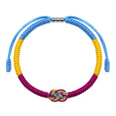 a multicolored beaded necklace with an intertwined knot in the center on a white background